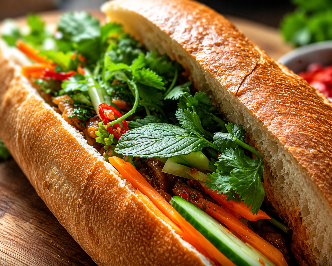 Vegetarian bánh mì with pickled vegetables and herbs