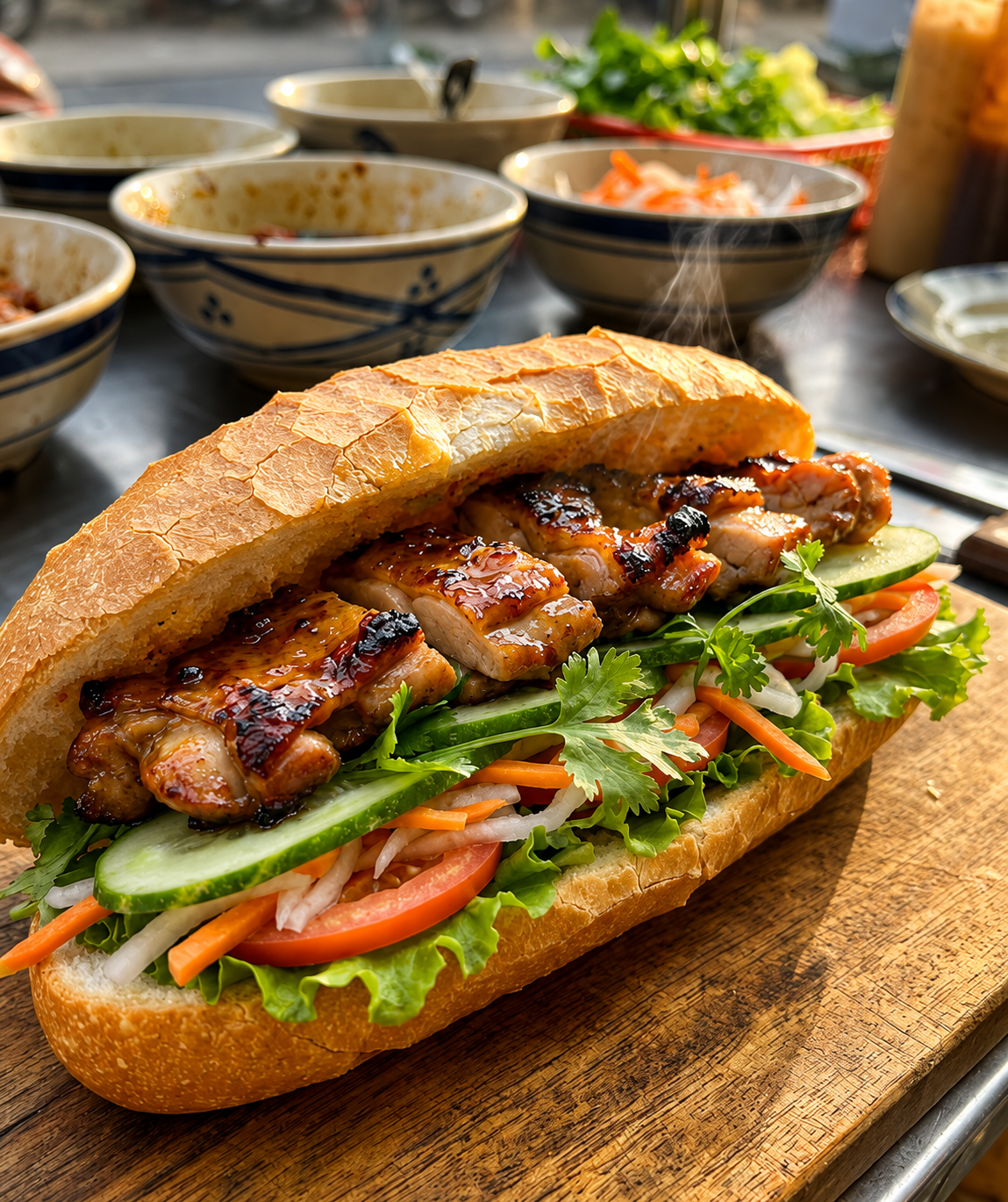 Classic Bánh Mì, cold-cut meats, house-made pâté, and pickled vegetables on a fresh baguette.