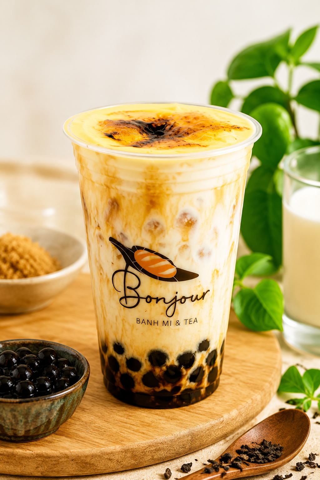 Crème Brûlée Brown Sugar Boba, brown sugar milk tea with a torched crème brûlée top and tapioca pearls.