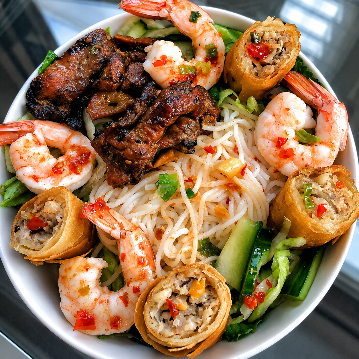 Combination Vermicelli, grilled pork, crisp egg roll, and shrimp over chilled rice noodles with herbs and nuoc cham.