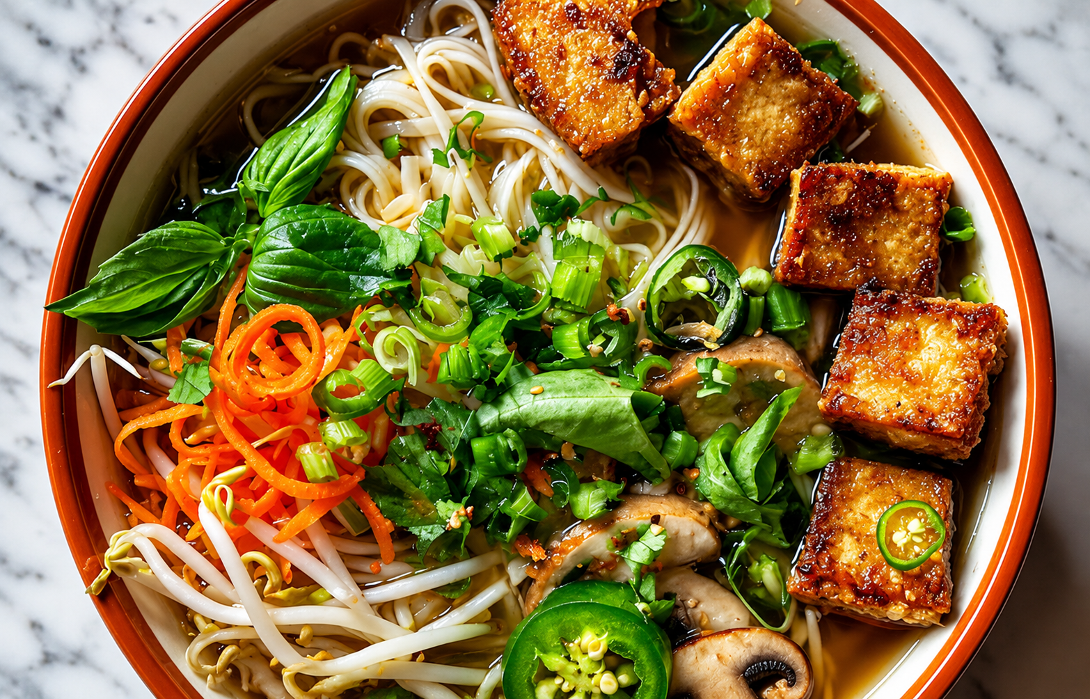 Vegan Pho, house-made vegetable broth simmered from scratch with rice noodles and fresh herbs.