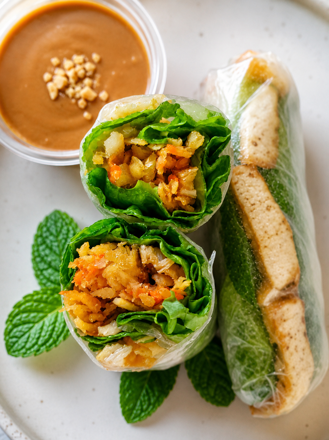 Fresh Vietnamese summer rolls in rice paper with herbs and peanut sauce