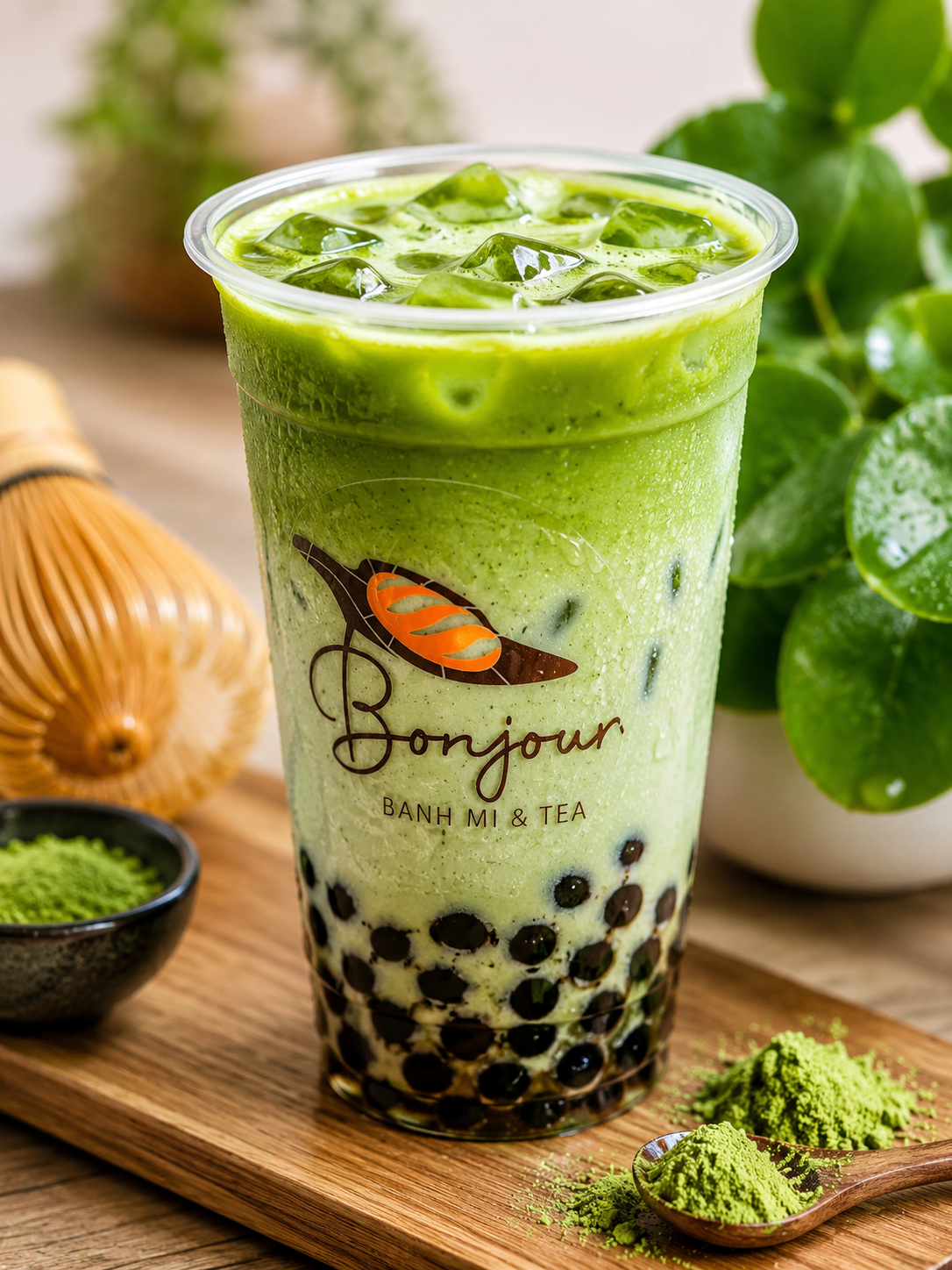 Matcha Milk Tea, stone-ground Japanese matcha with creamy milk and chewy tapioca pearls.