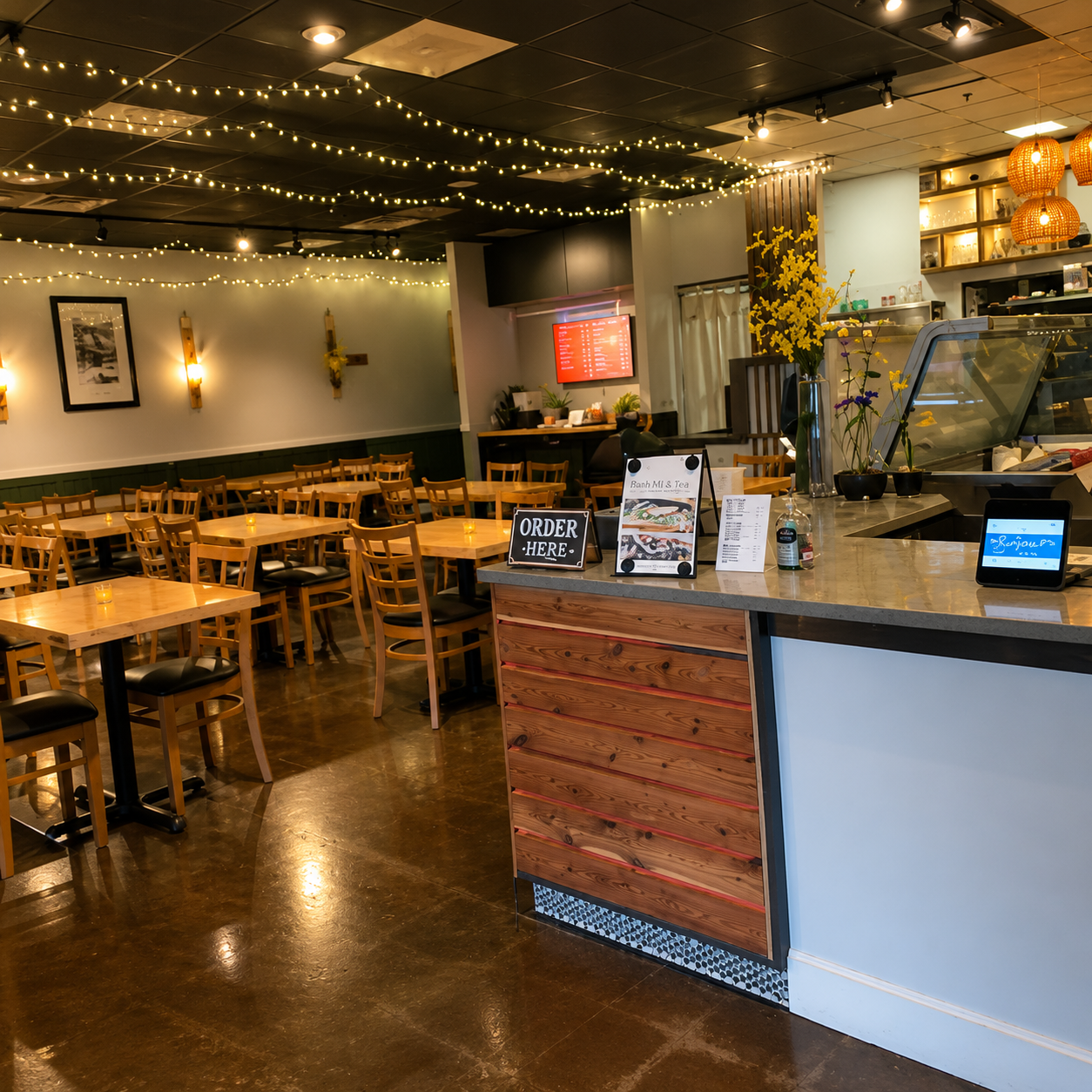 Bonjour Banh Mi & Tea café interior with string lights and counter.