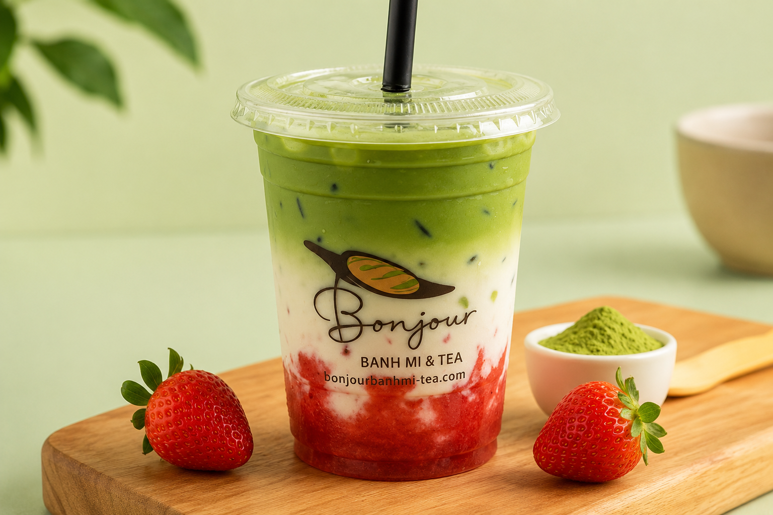 Strawberry Matcha Latte with layered strawberry purée, creamy milk, green matcha, and fresh strawberries beside the cup.