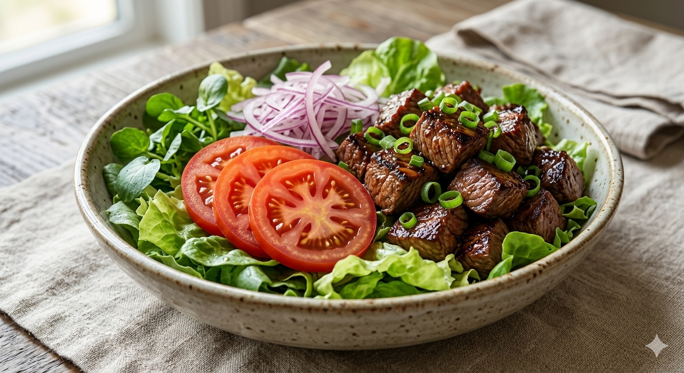 Shaken Beef, wok-seared filet cubes with garlic, onion and pepper over watercress